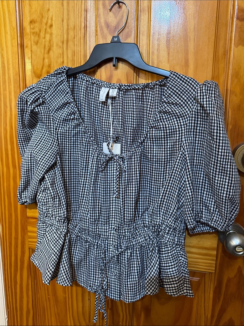 Joie Black and White Gingham Tie-Front Puff Sleeve Blouse